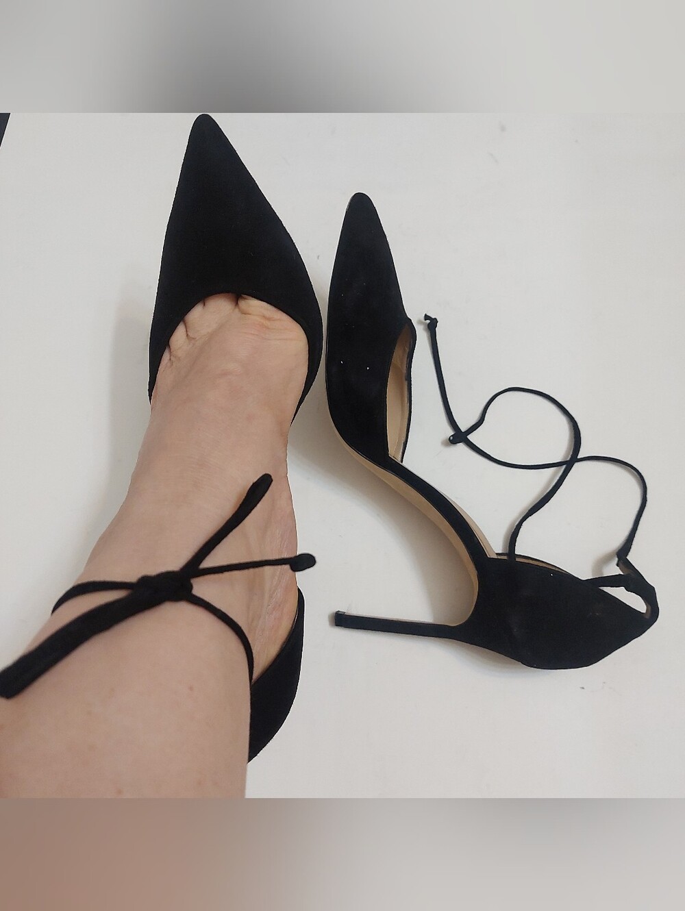 Manolo Blahnik Black Suede Pointed Toe Ankle-Tie Stiletto Heels